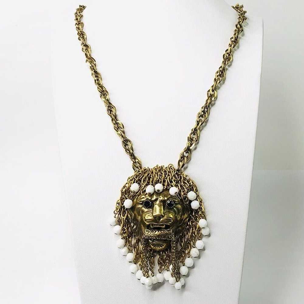 RARE Vintage 3D Lion Head Pendant Necklace 25" Be… - image 3