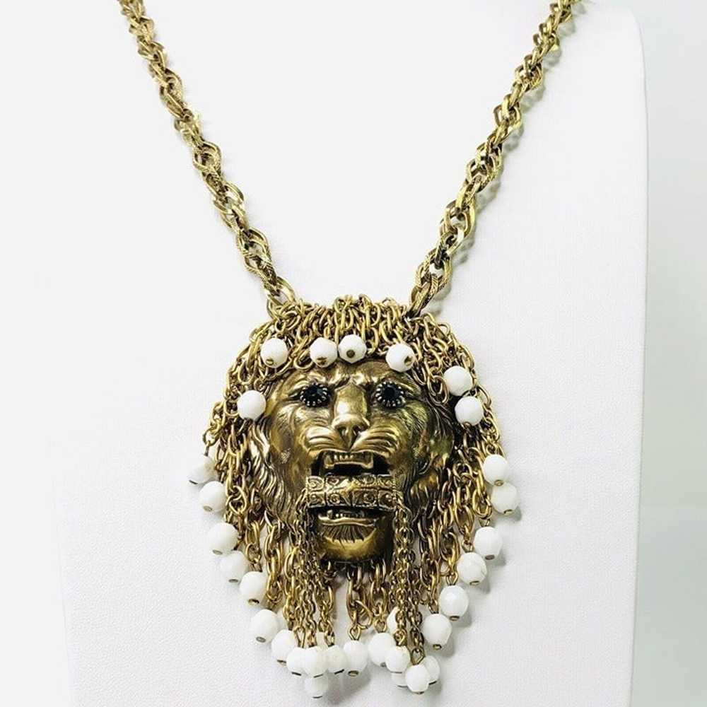 RARE Vintage 3D Lion Head Pendant Necklace 25" Be… - image 4