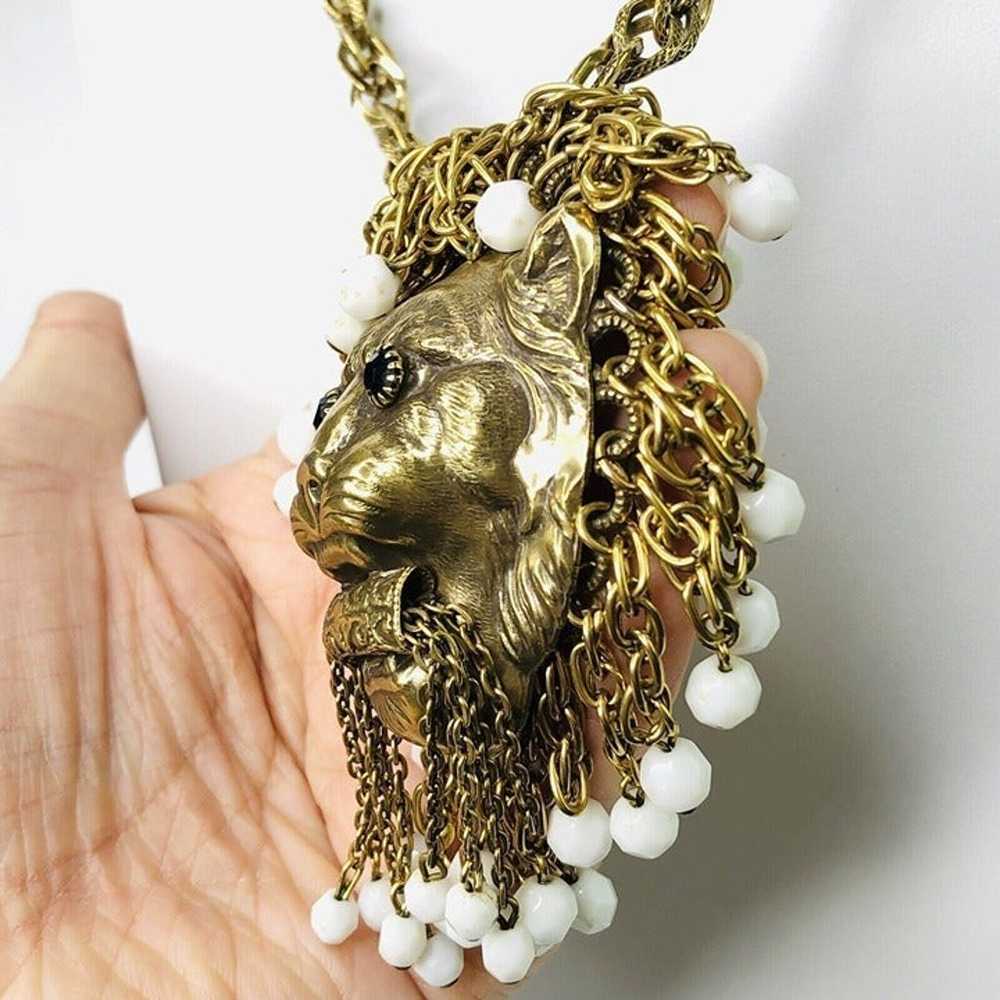 RARE Vintage 3D Lion Head Pendant Necklace 25" Be… - image 5