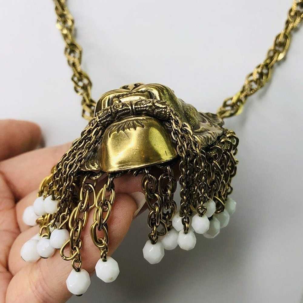 RARE Vintage 3D Lion Head Pendant Necklace 25" Be… - image 6