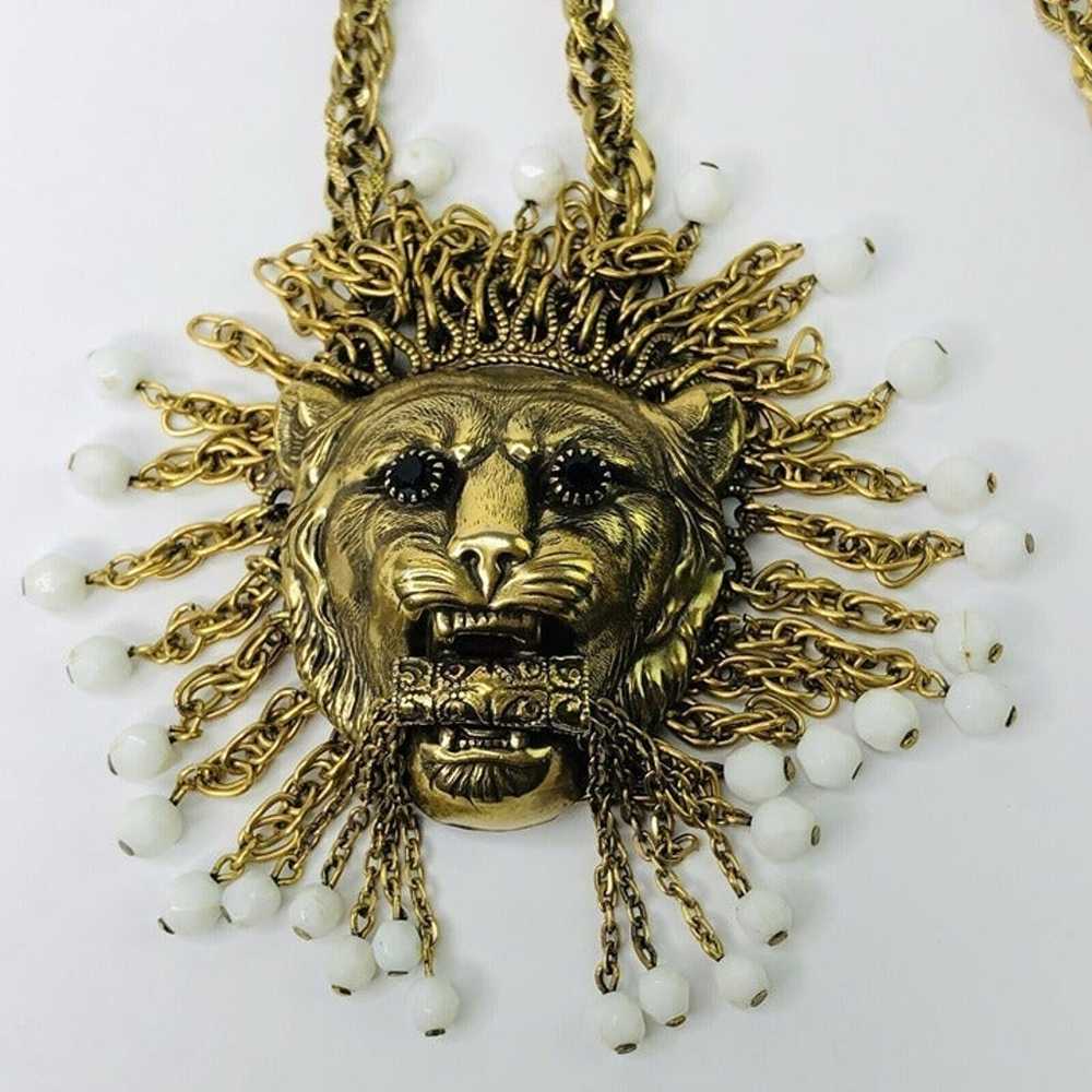 RARE Vintage 3D Lion Head Pendant Necklace 25" Be… - image 8