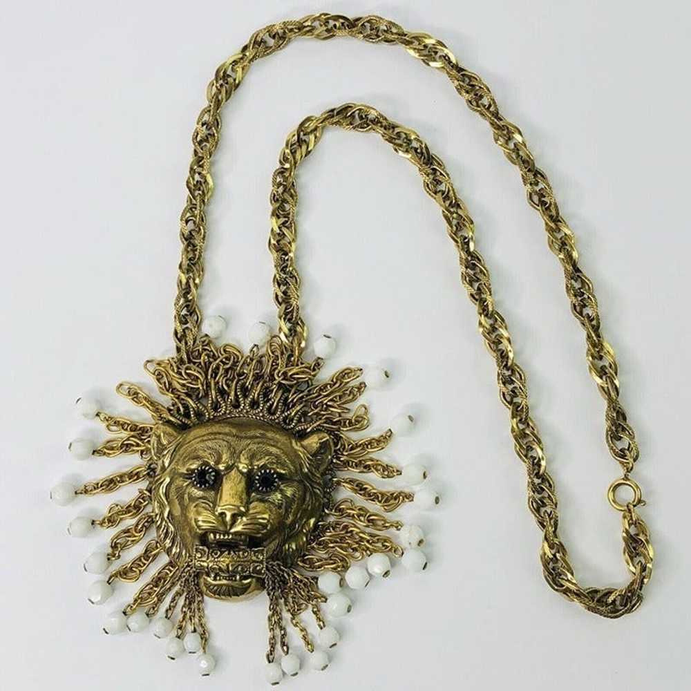 RARE Vintage 3D Lion Head Pendant Necklace 25" Be… - image 9