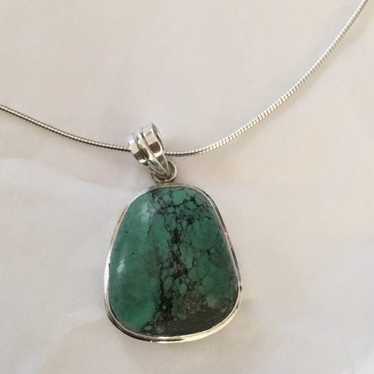 Green Turquoise Cabochon Silver Necklace