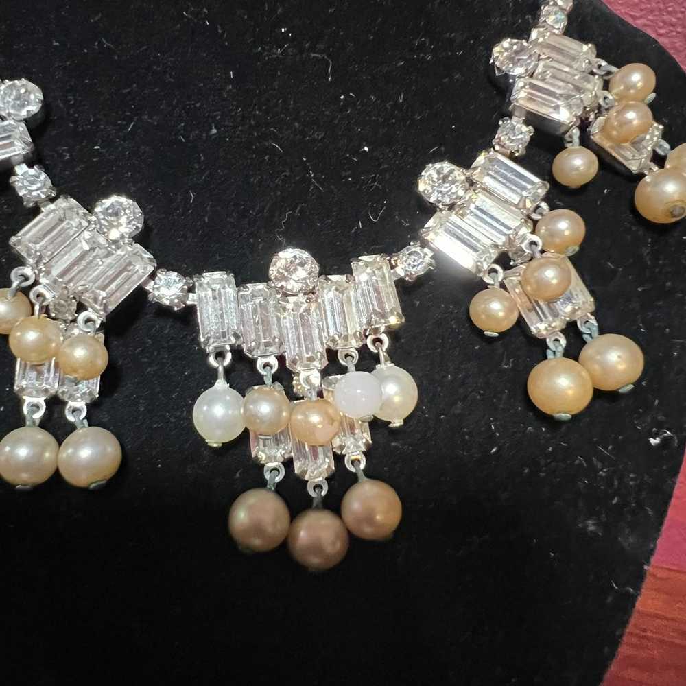 Vintage Signed Kramer Clear Rhinestone faux pearl… - image 2