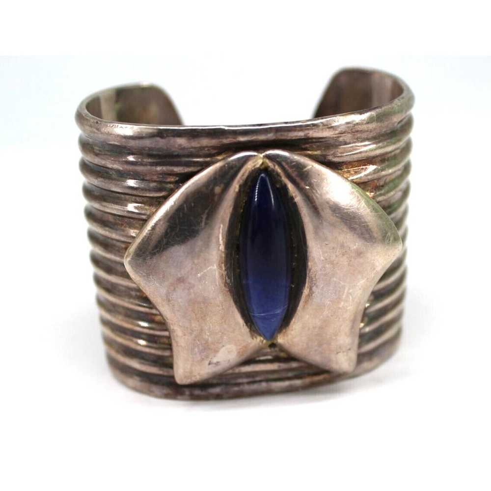 Vintage 925 Silver Ribbed Cuff Lapis Bracelet •Ta… - image 1