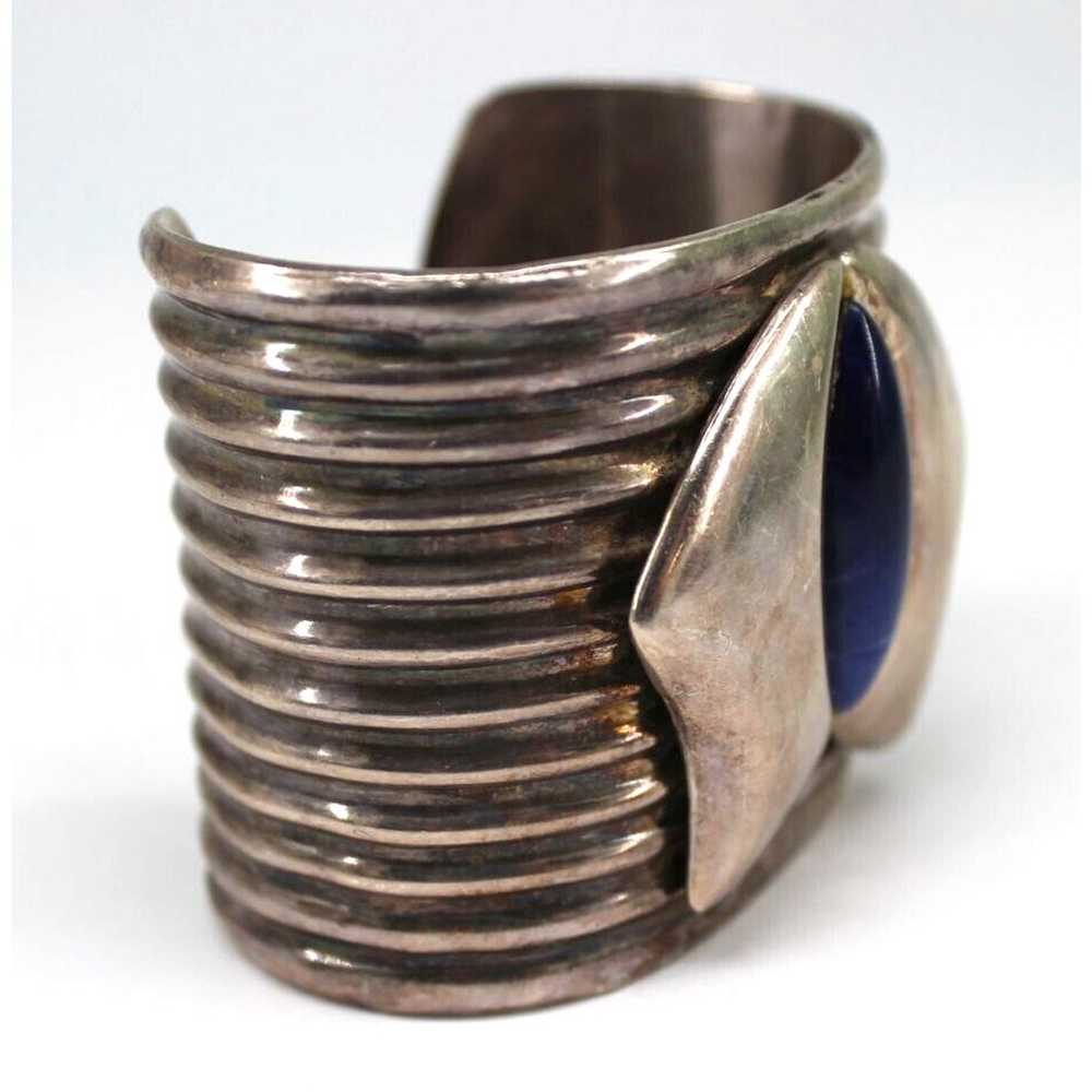 Vintage 925 Silver Ribbed Cuff Lapis Bracelet •Ta… - image 3