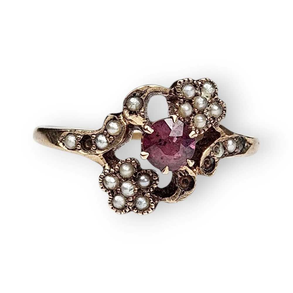 Antique Victorian Ring Garnet Seed Pearl 10K Soli… - image 1