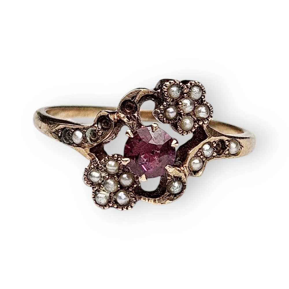 Antique Victorian Ring Garnet Seed Pearl 10K Soli… - image 4