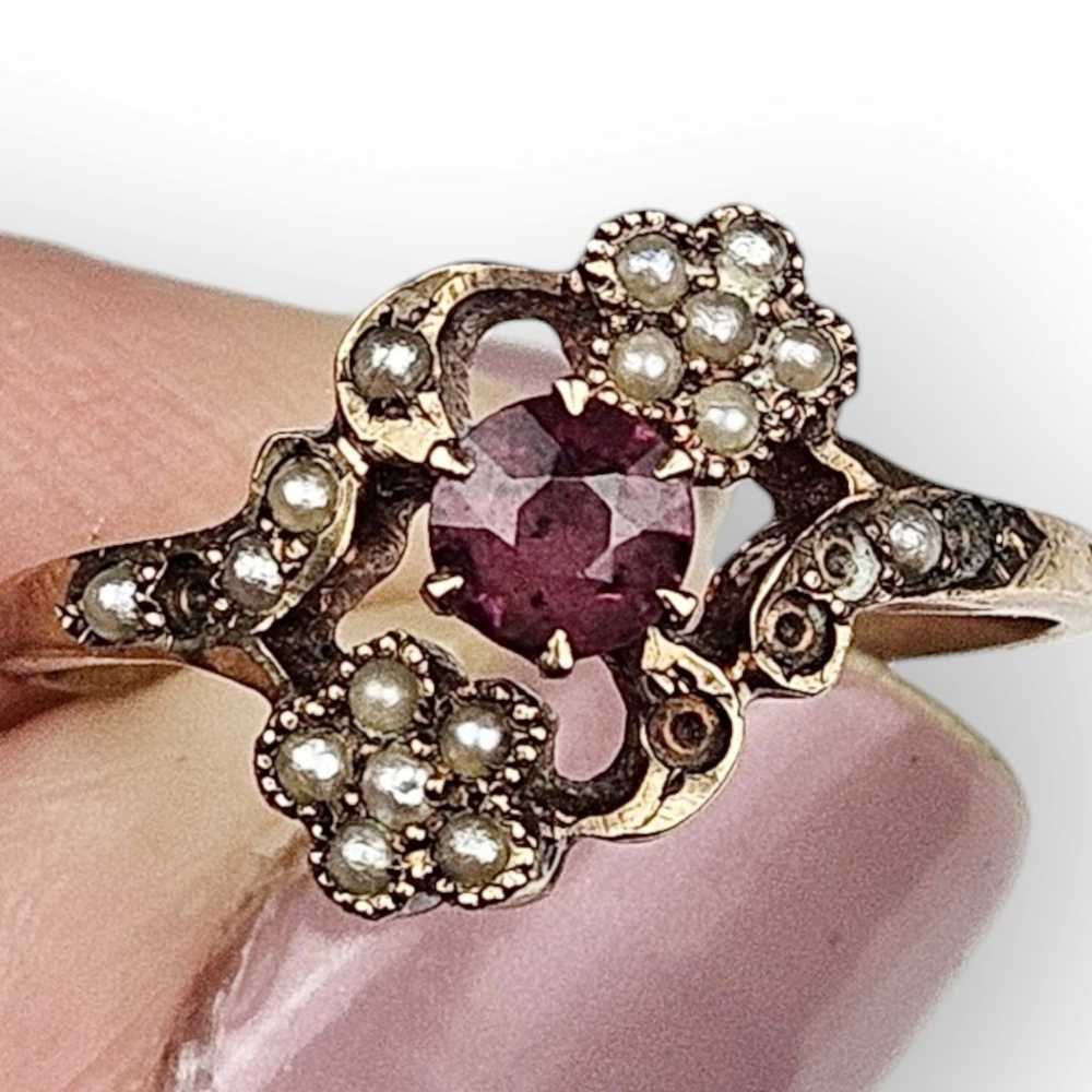 Antique Victorian Ring Garnet Seed Pearl 10K Soli… - image 7