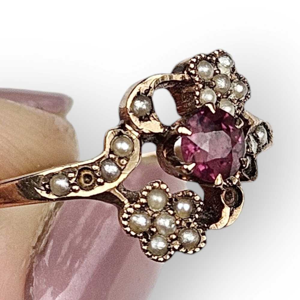 Antique Victorian Ring Garnet Seed Pearl 10K Soli… - image 8