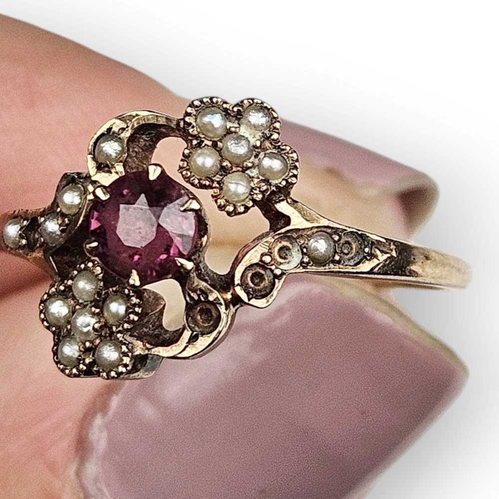 Antique Victorian Ring Garnet Seed Pearl 10K Soli… - image 9