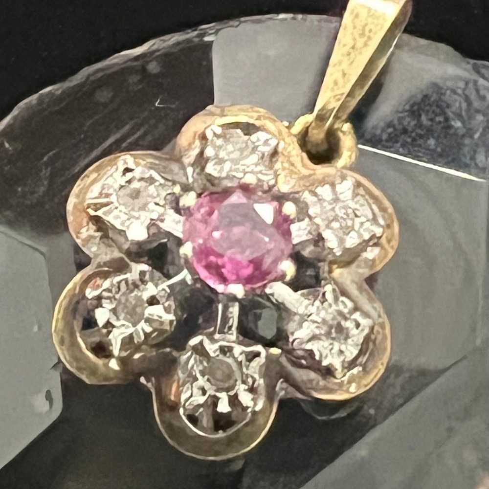 14K Yellow Solid Gold Ruby/6Diamonds Flower Penda… - image 1