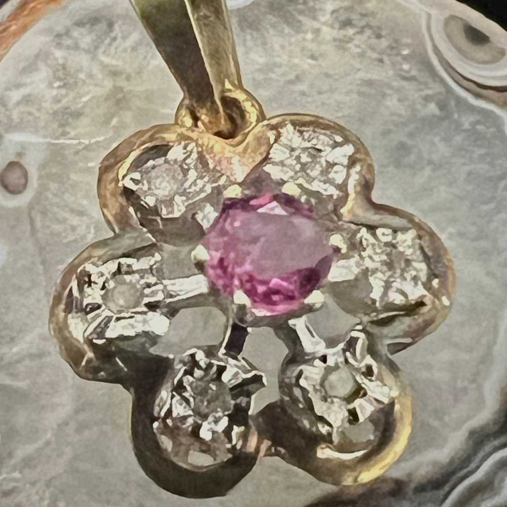 14K Yellow Solid Gold Ruby/6Diamonds Flower Penda… - image 3