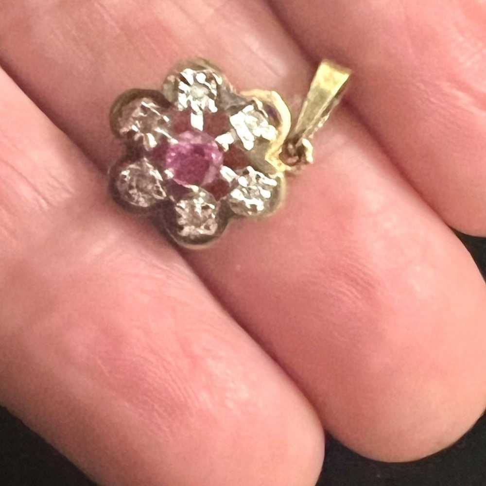 14K Yellow Solid Gold Ruby/6Diamonds Flower Penda… - image 5