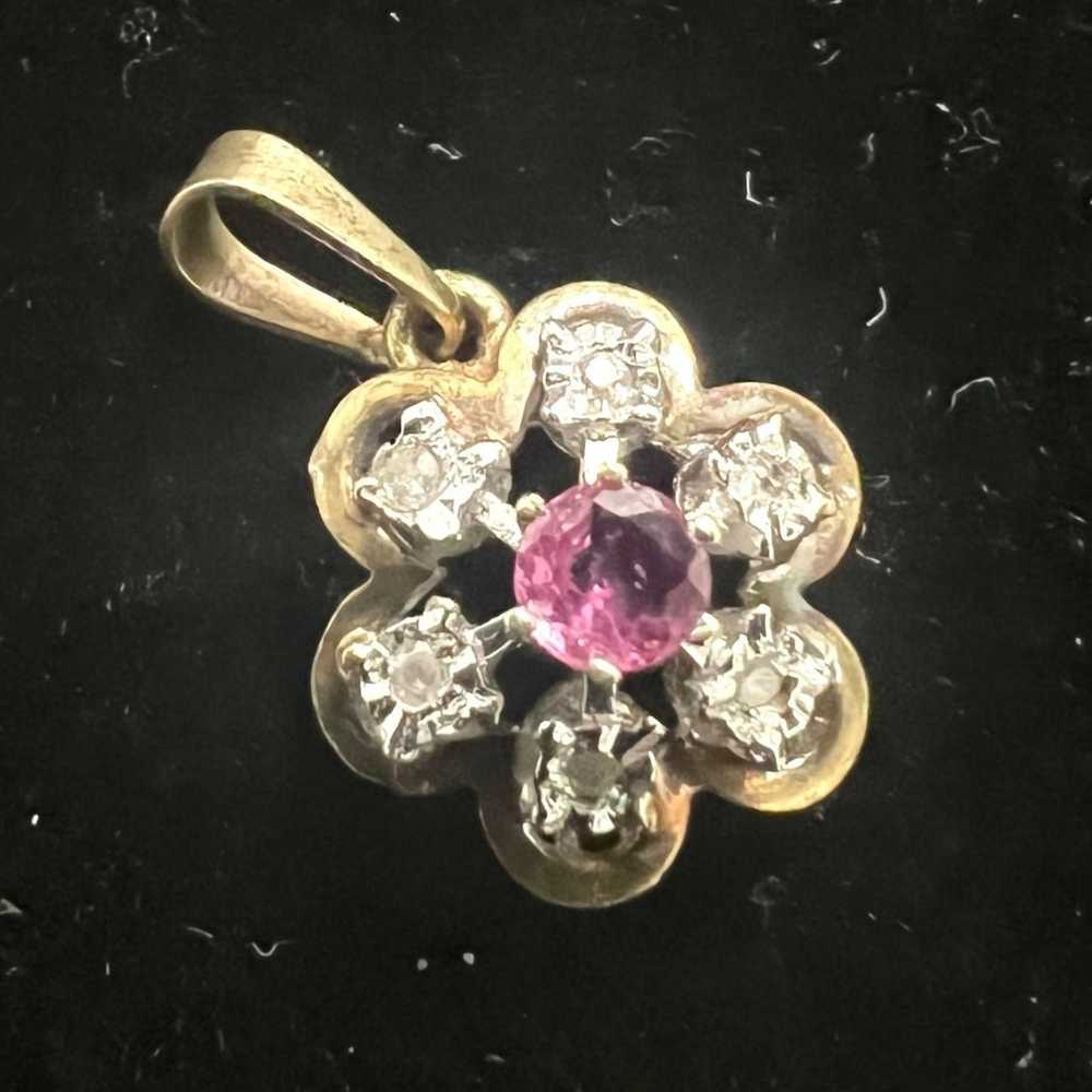 14K Yellow Solid Gold Ruby/6Diamonds Flower Penda… - image 6