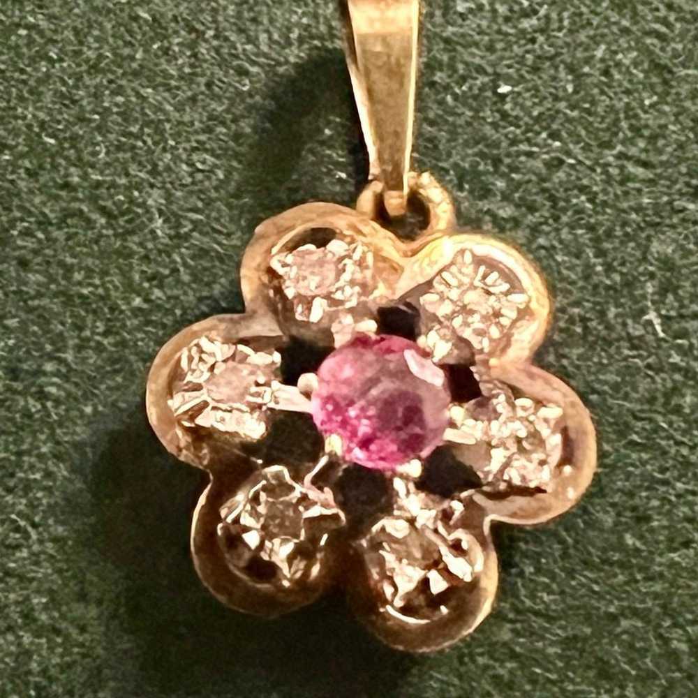 14K Yellow Solid Gold Ruby/6Diamonds Flower Penda… - image 7