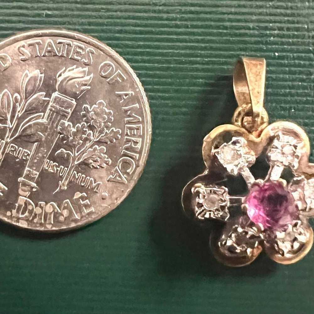 14K Yellow Solid Gold Ruby/6Diamonds Flower Penda… - image 9