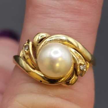 GORGEOUS SOLID 14K YELLOW GOLD DIAMOND PEARL RING