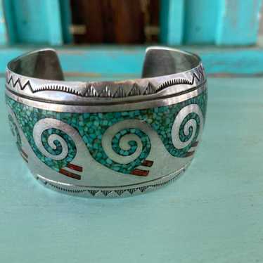 Vintage Turquoise Sterling Inlay Cuff Bracelet