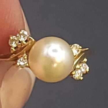 VTG 14K SOLID GOLD DIAMOND PEARL RING - image 1