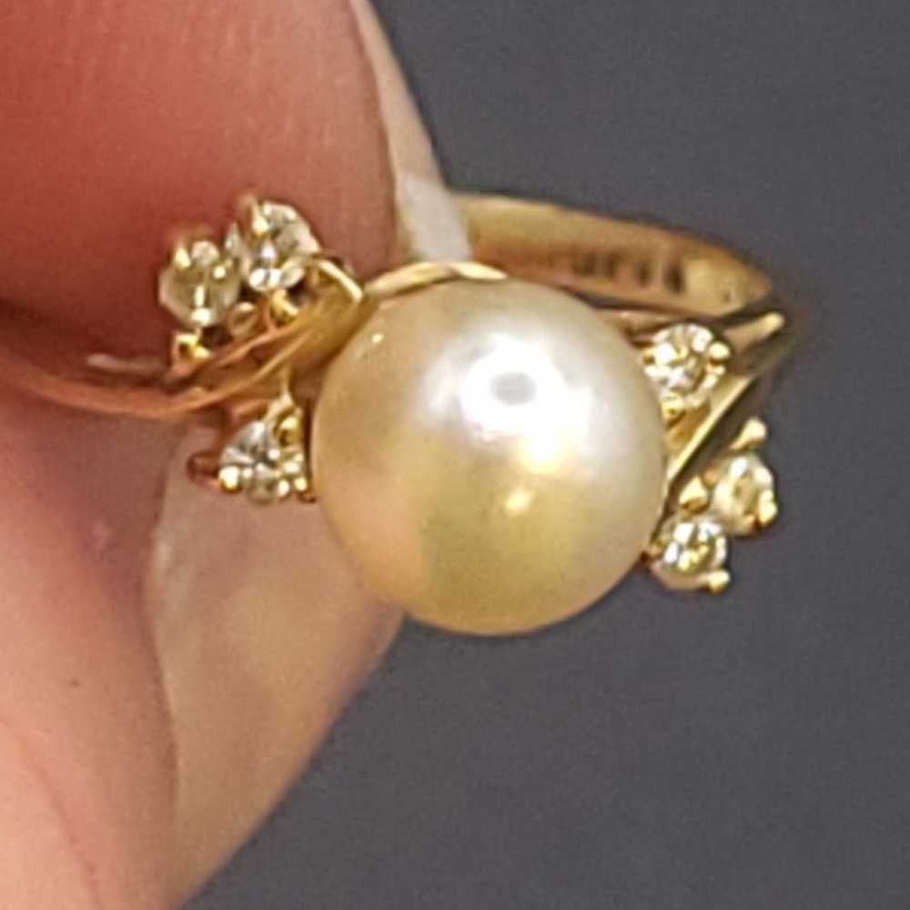 VTG 14K SOLID GOLD DIAMOND PEARL RING - image 2