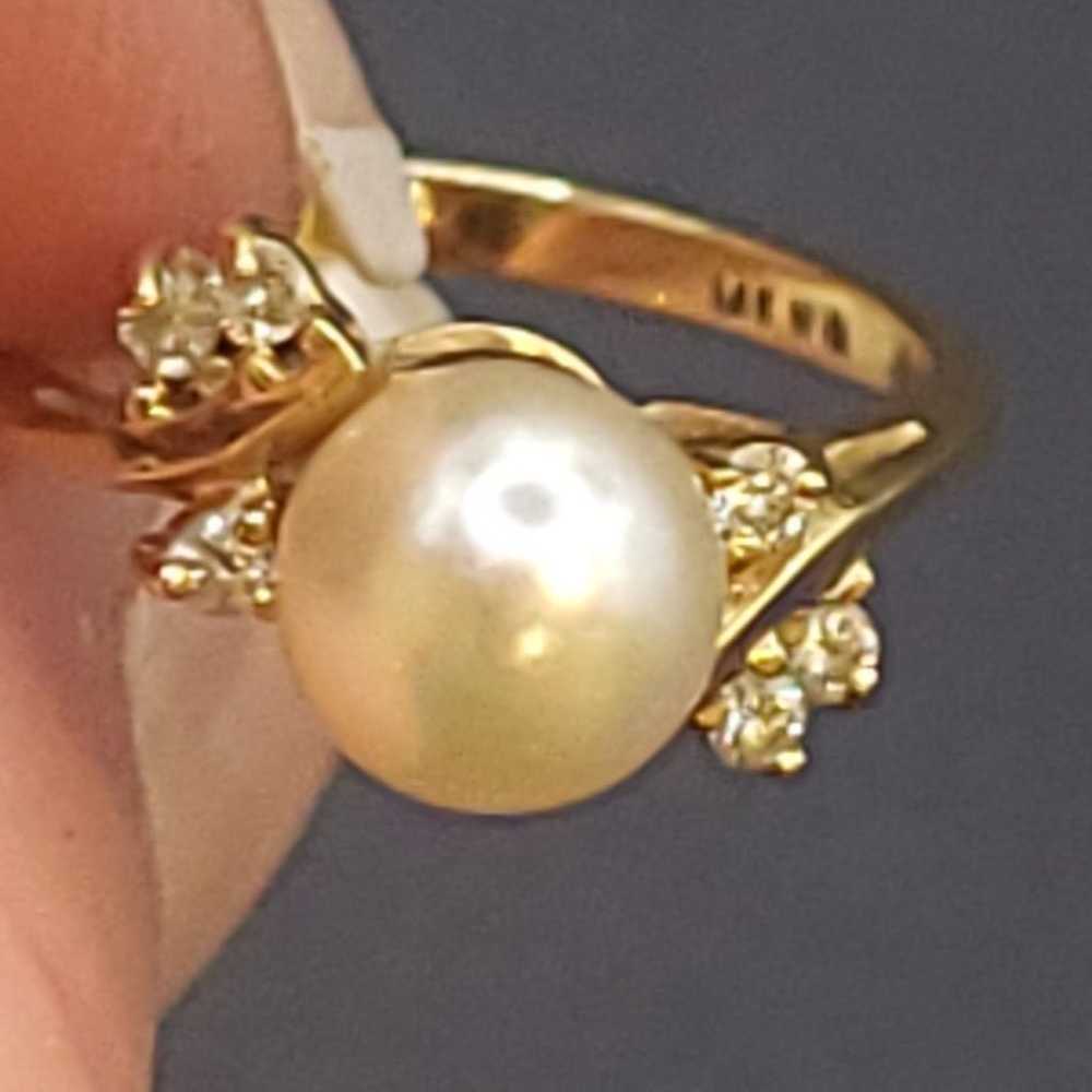 VTG 14K SOLID GOLD DIAMOND PEARL RING - image 4