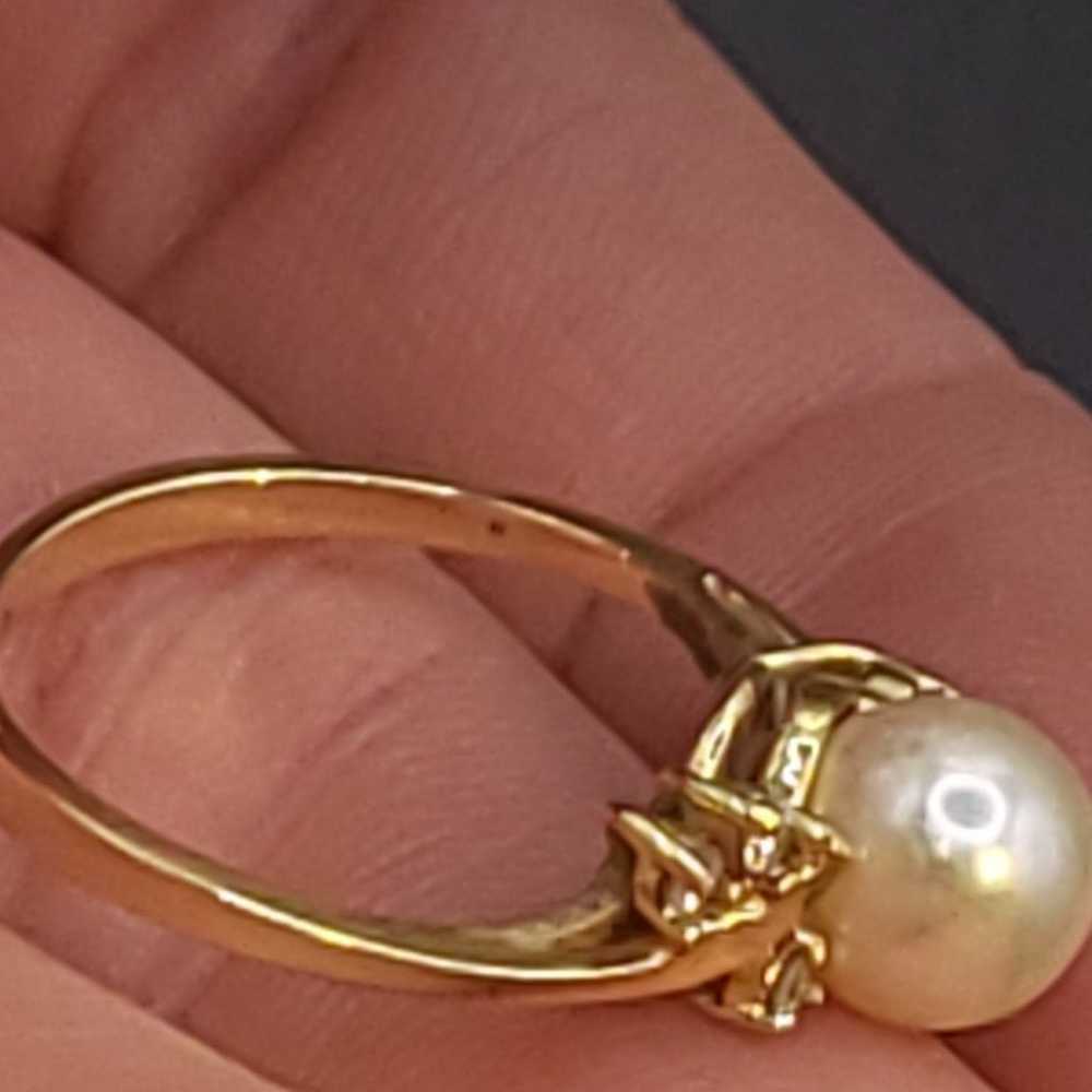 VTG 14K SOLID GOLD DIAMOND PEARL RING - image 5