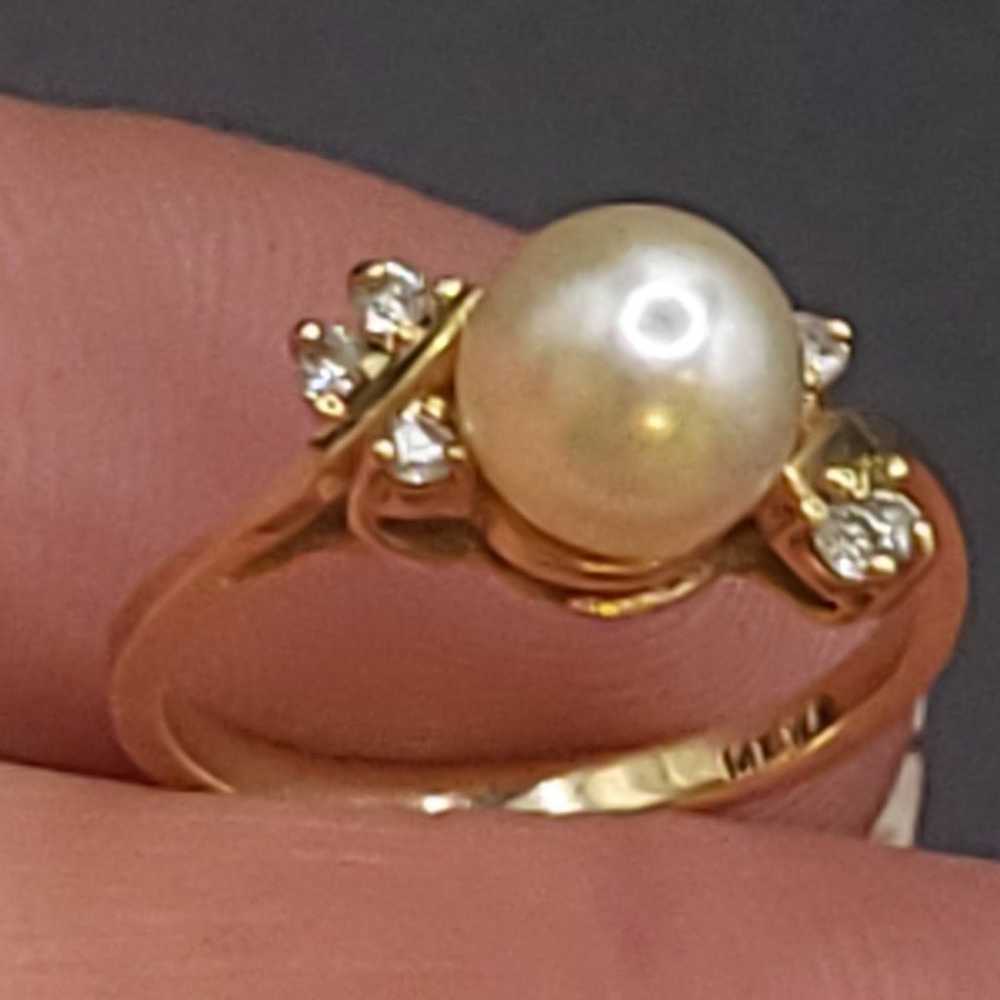 VTG 14K SOLID GOLD DIAMOND PEARL RING - image 6