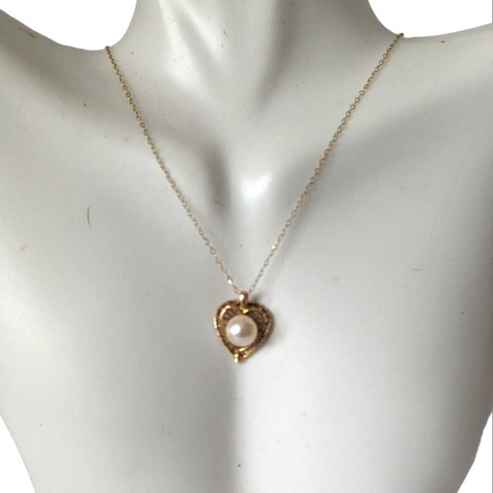 Vintage 14k Yellow Gold Heart Cultured Pearl Pend… - image 2