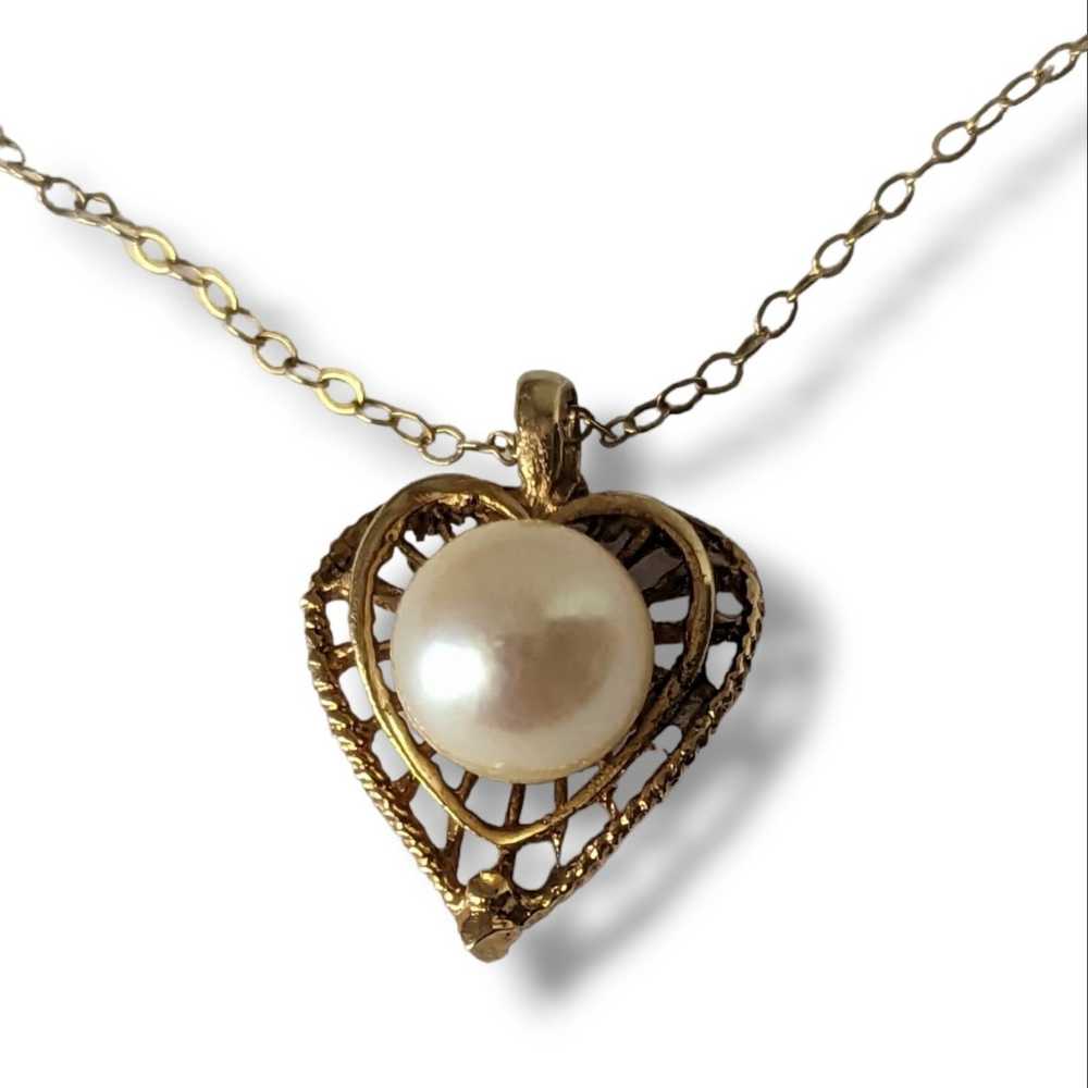 Vintage 14k Yellow Gold Heart Cultured Pearl Pend… - image 4