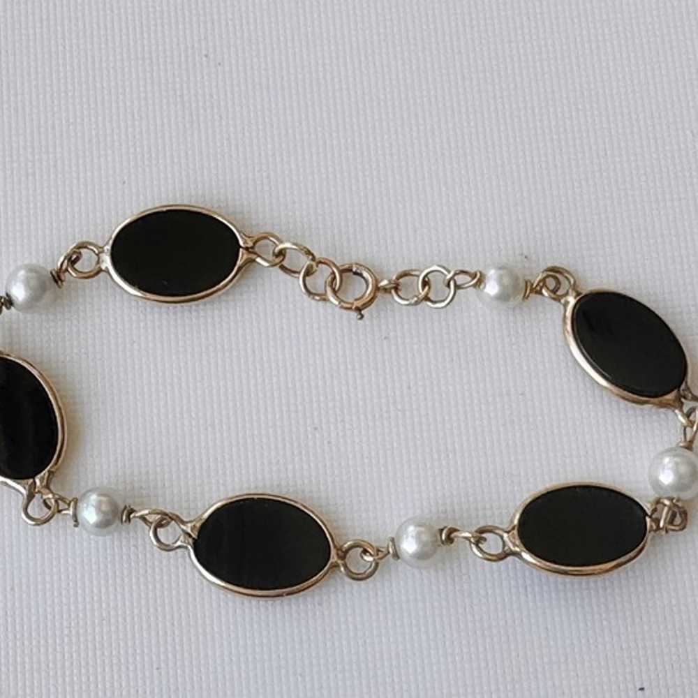 vintage 14k yellow gold pearl agate scarab bracel… - image 2