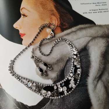 Vintage 50s Black Rhinestone Bib Necklace and Ear… - image 1