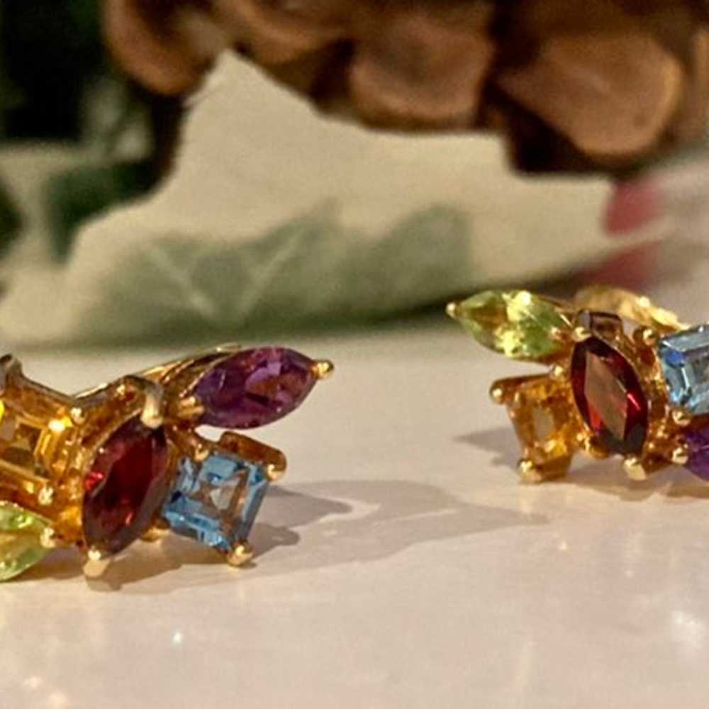 Vintage 18K Yellow Gold Multi Stone Earrings - image 2