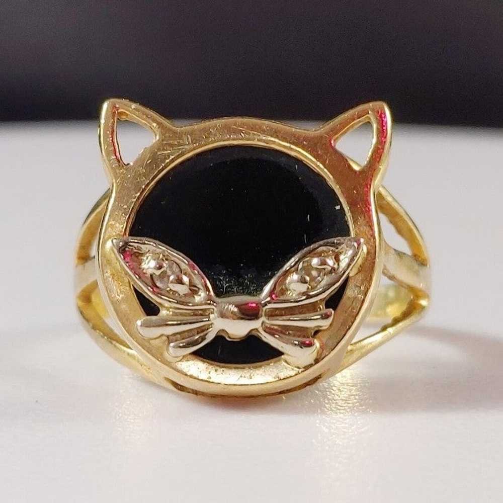 14K Onyx Diamond Cat Ring Size 5 - image 1