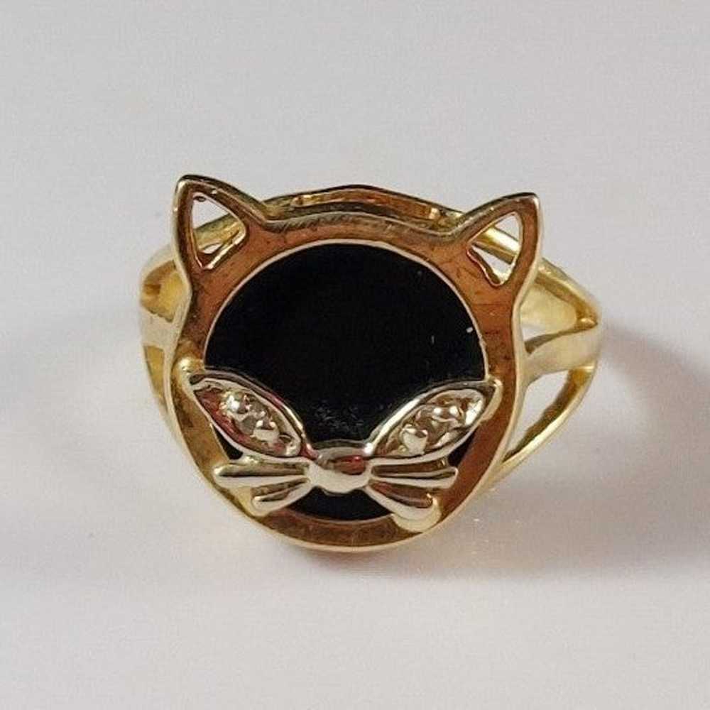 14K Onyx Diamond Cat Ring Size 5 - image 2