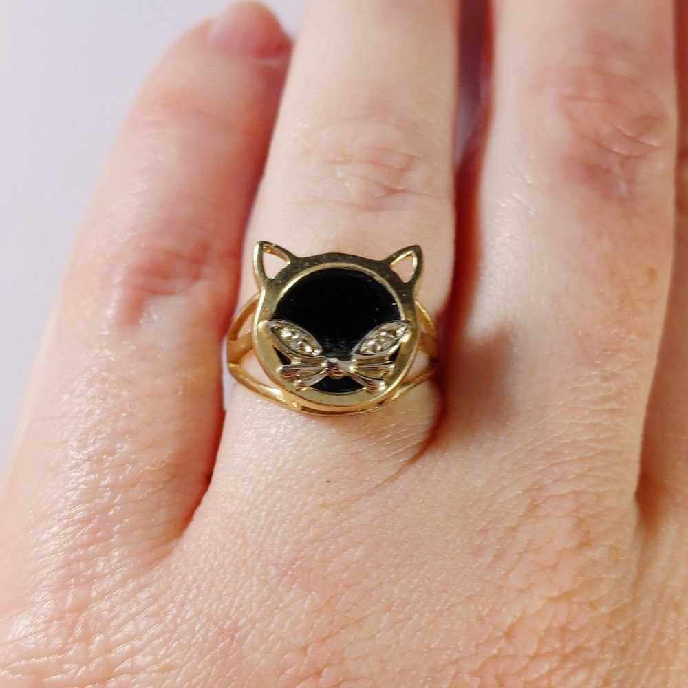 14K Onyx Diamond Cat Ring Size 5 - image 5