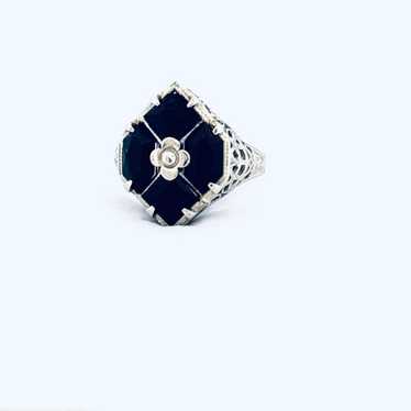 Estate Vintage 14k White Gold Filigree Ring, Blac… - image 1