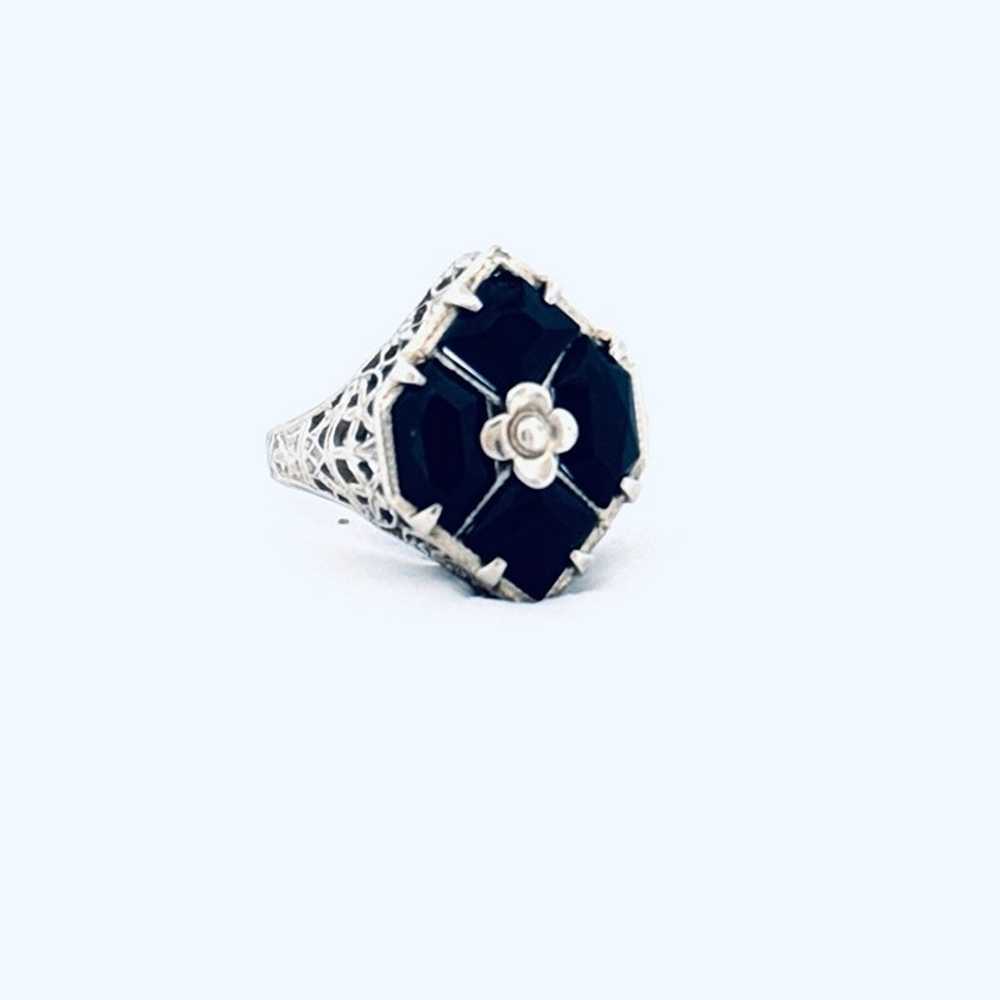 Estate Vintage 14k White Gold Filigree Ring, Blac… - image 2