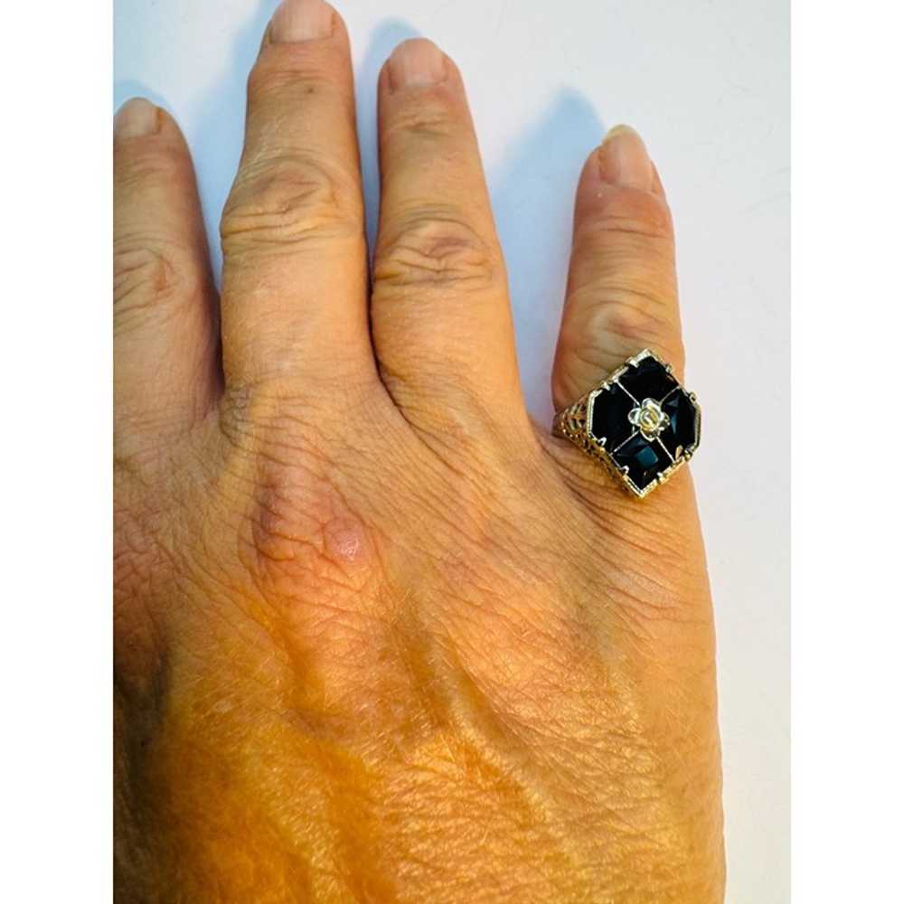 Estate Vintage 14k White Gold Filigree Ring, Blac… - image 7