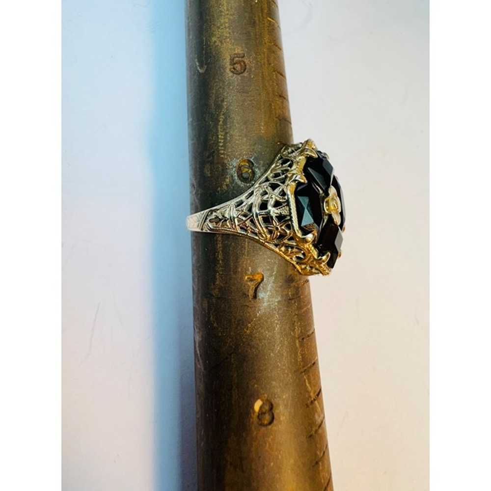 Estate Vintage 14k White Gold Filigree Ring, Blac… - image 8