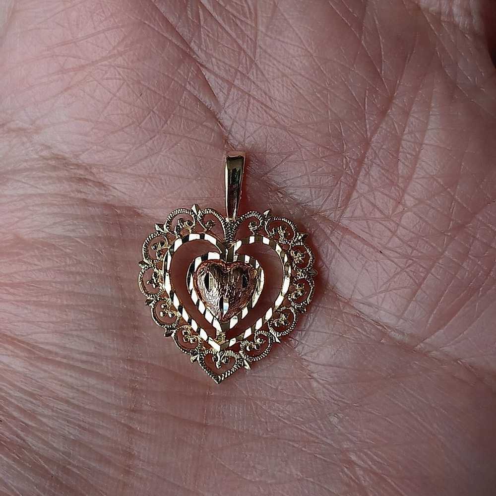 14k Yellow & Rose Gold 2 Tone Filigree Heart Pend… - image 5