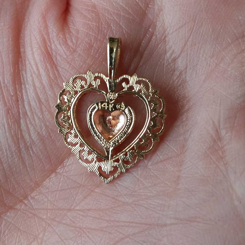 14k Yellow & Rose Gold 2 Tone Filigree Heart Pend… - image 6