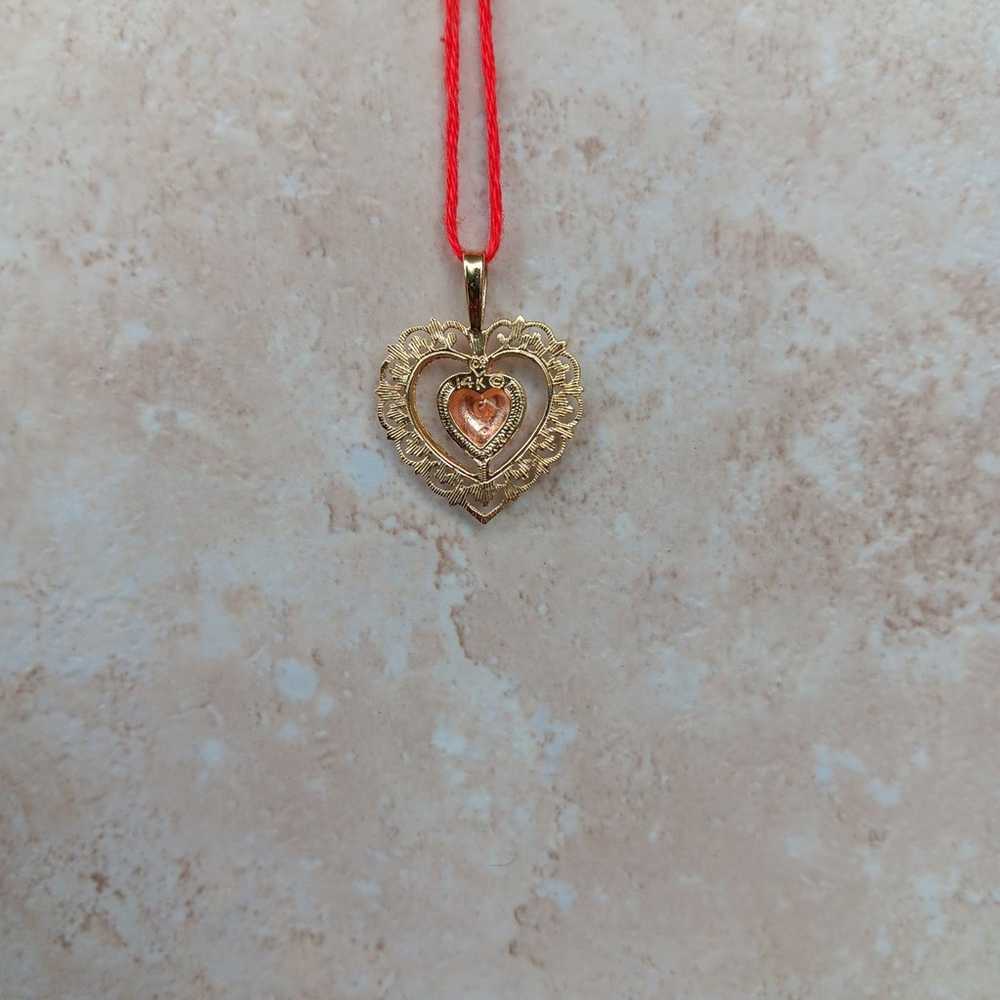 14k Yellow & Rose Gold 2 Tone Filigree Heart Pend… - image 8