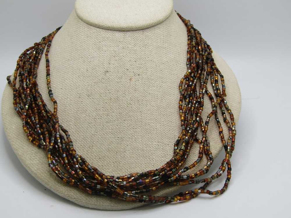 Vintage 12 Strand Amber & Black Beaded Necklace, … - image 1