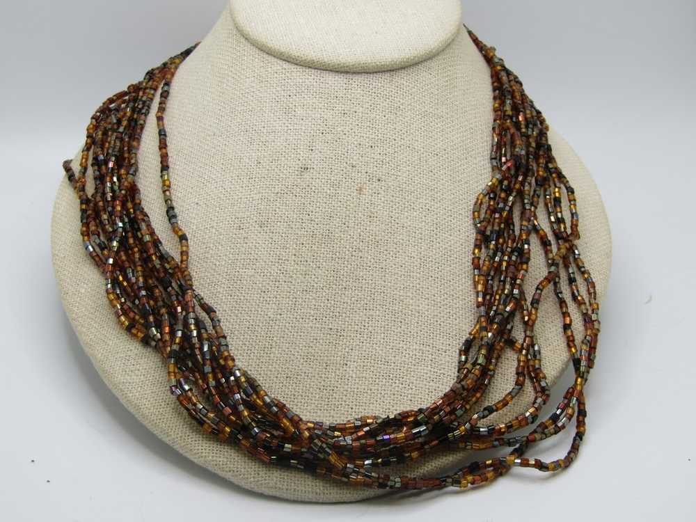 Vintage 12 Strand Amber & Black Beaded Necklace, … - image 2