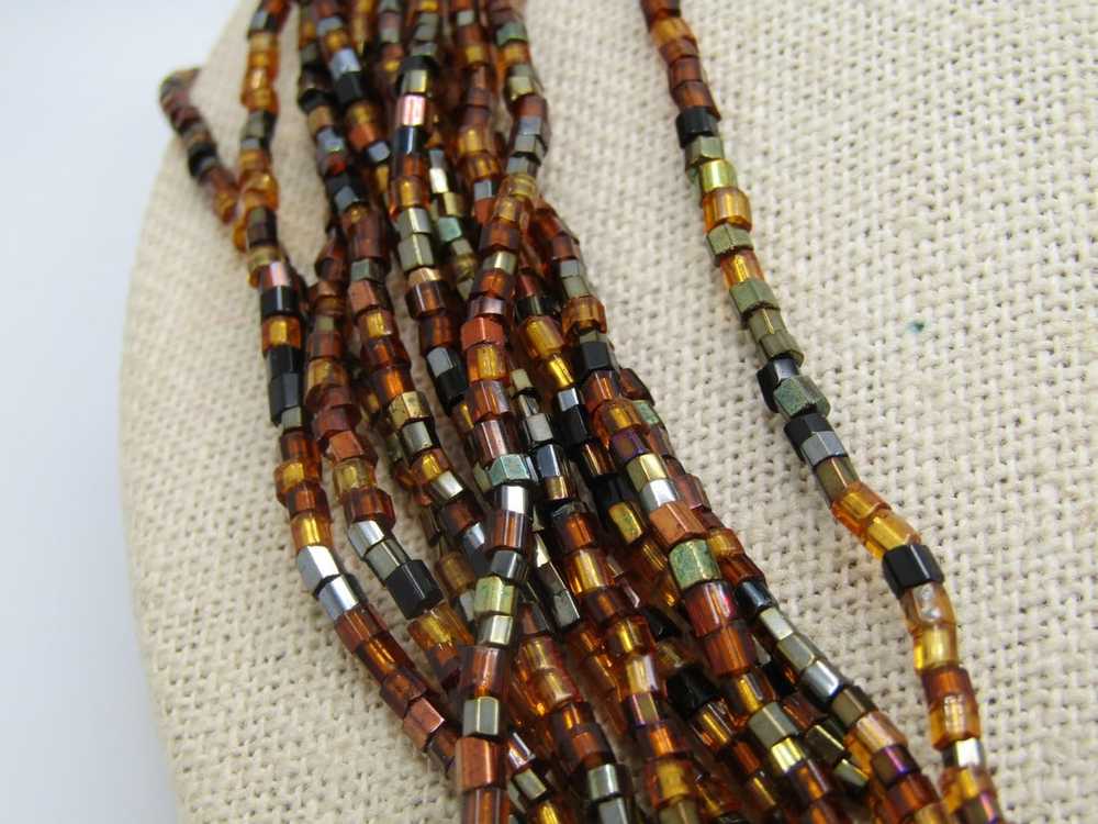 Vintage 12 Strand Amber & Black Beaded Necklace, … - image 3