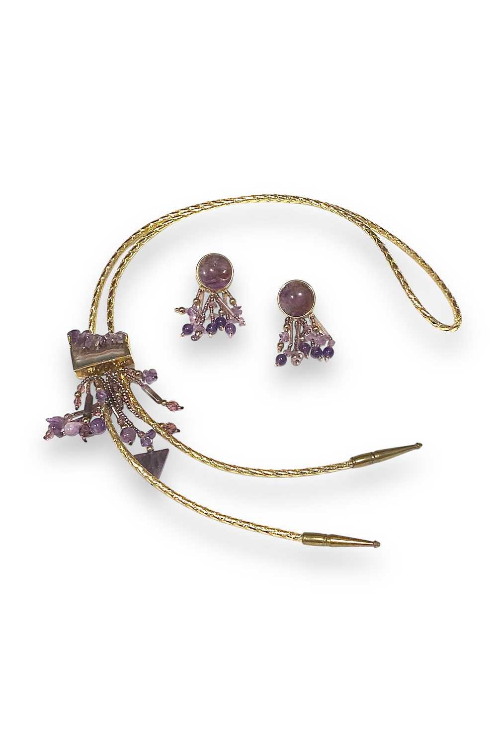 1980s Vintage Raw Amethyst Bolo Tie & Earrings Se… - image 1