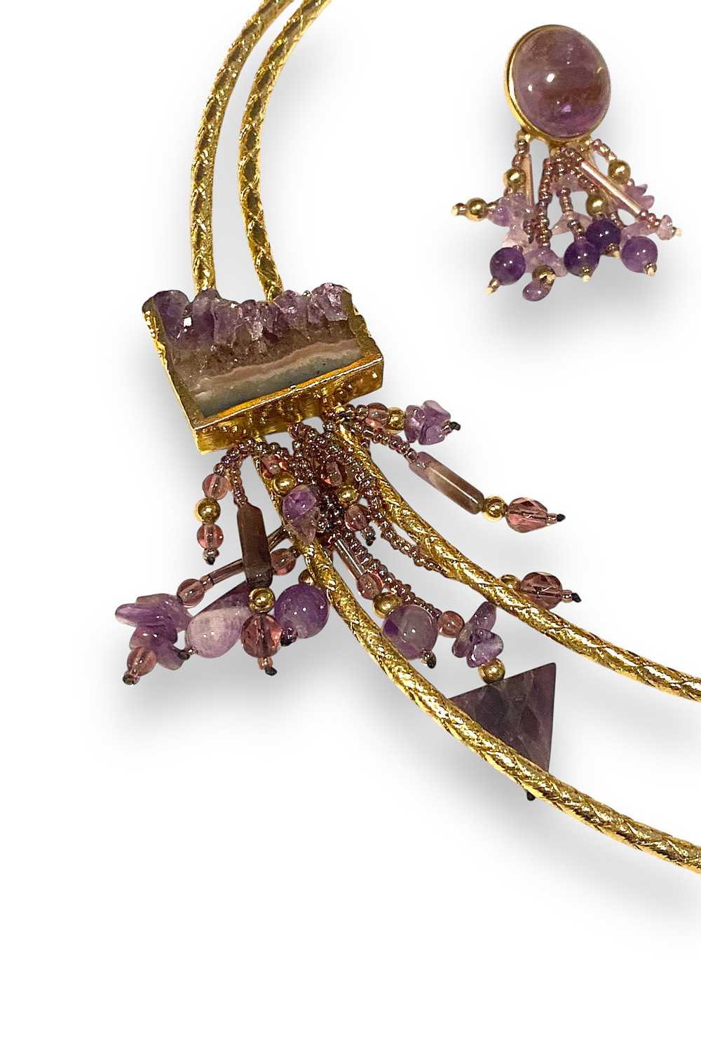 1980s Vintage Raw Amethyst Bolo Tie & Earrings Se… - image 2