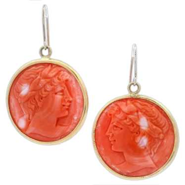 Vintage 18kt yellow Gold Coral Cameos Earrings - image 1