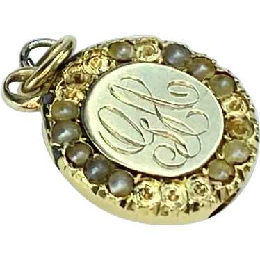 Antique 14K yellow gold seed pearl initial charm … - image 1